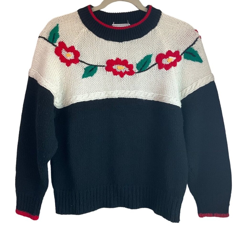 Vintage Evian Womens Sz Medium Ltd Floral Knit Sweater With Cable Panel Cottage